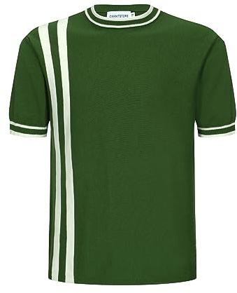 OXKNIT Herren-Strickhemd, kurzärmelig, Retro-Stil, klassischer Rundhalsausschnitt, solides Hemd mit doppeltem Rennstreifen, Grün , L