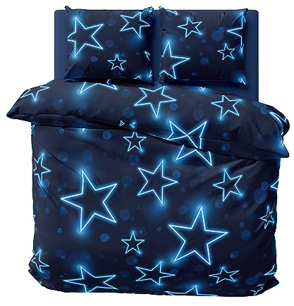 one-home Bettwäsche 200x200 cm Sterne Stars dunkel blau leuchtoptik Doppelbett Mikrofaser