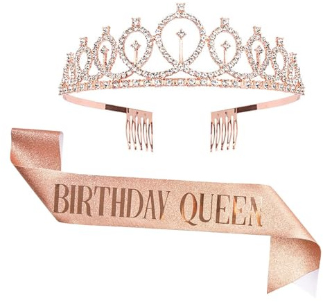 Geburtstags Krone und Schärpe, Geburtstags Kristall Tiara Strass Kronen, Roségold Birthday Queen Schärpe für Frauen, Geburtstag Partyzubehör Birthday Sash and Crown Set