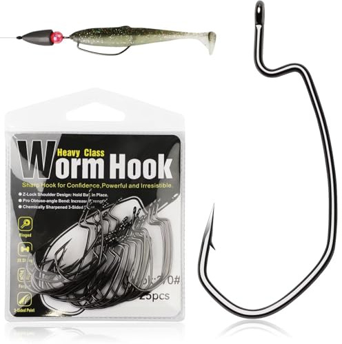 Dovesun Anzuelos de Pescas, EWG Offset Anzuelos de Gusano Anzuelos Texas Rig Anzuelos de Bass Gancho de Pesca 1/0 * 50Piezas