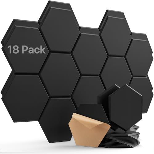 Hexagon Akustikpaneele Selbstklebend 18 Stück Akustikschaumstoff Schalldämmung, Hohe Dichte Schallschutz Wand für Wanddekoration und Akustische Behandlung Schallschutzplatten Schwarz 30×26×0.9cm