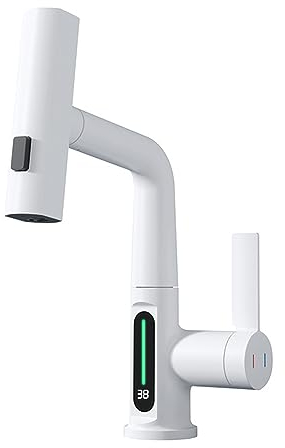 Kocusu Küchenarmatur mit Brause Ausziehbar,360° Drehung Wasserhahn Küche Ausziehbar mit Display,Armatur Küche mit Strahlregler 60CM,Hochdruck Spültischarmatur mit 3 Strahlarten (Weiß)