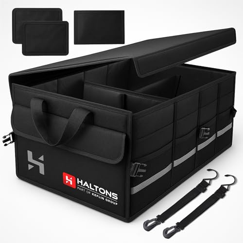 Haltons Foldable Car Boot Organiser Large, Durable 600D Oxford & 210D Polyester, Portable Boot Storage Box with Multi Compartments, Ideal for SUV, Truck, Van & Car Storage (36.8x50.8x26cm) Black
