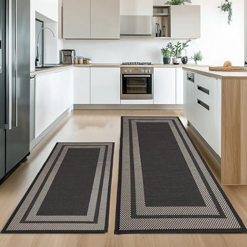 G TALECO GEAR Teppich Küche 46 * 120+46 * 76cm Küchenteppich Waschbar rutschfest,Sisal Läufer 2 Stück,Teppich Läufer,Läufer Flur,Geeignet Für Küchenläufer,Schlafzimmer und Flur Teppich,Grau