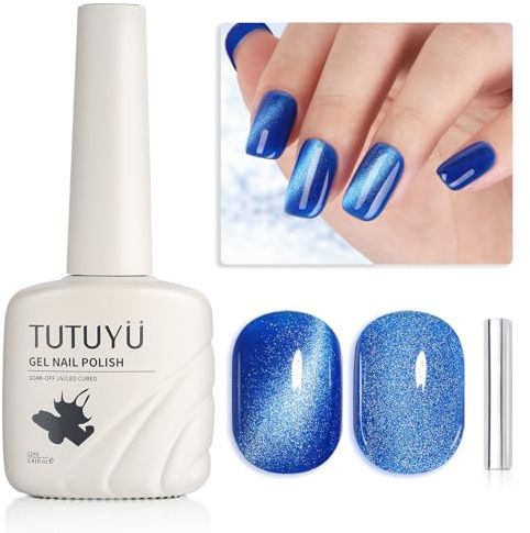 TUTUYU Navy Blue Cat Eye Gel Nail Polish with Magnetic - Holographic Deep Blue Gel Plish Perfect for DIY at Home & Gift for Nail Art Lovers!