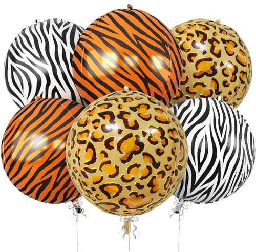 6PCS Safari Animal Pattern Balloons, 22Inch Large Foil Round Balloons Giraffe Zebra Leopard Print for Woodland Baby Shower Zoo Safari Jungle Theme Birthday Party Decorations