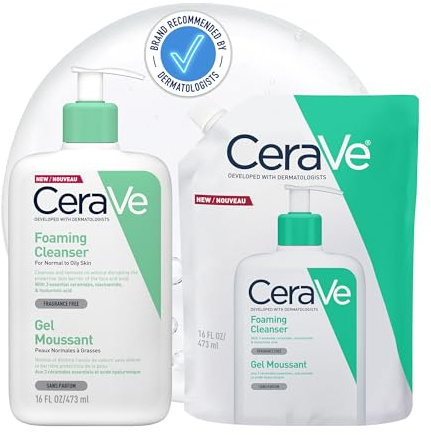 CeraVe Gel Limpiador Espumoso y Recarga, 946ml — Limpia en profundidad el rostro y el cuerpo sin resecar y ayuda a mantener la hidratación con niacinamida, ácido hialurónico y 3 ceramidas esenciales.