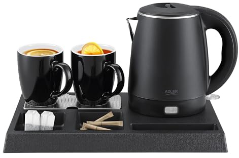 Adler Wasserkocher Set mit Tablett & 2 Tassen | Elegant & Perfekt für Gästezimmer, Büro & Zuhause | 1L Edelstahl, Cool-Touch Gehäuse, automatische Abschaltung | Ideal für Hotel & B&B in Schwarz
