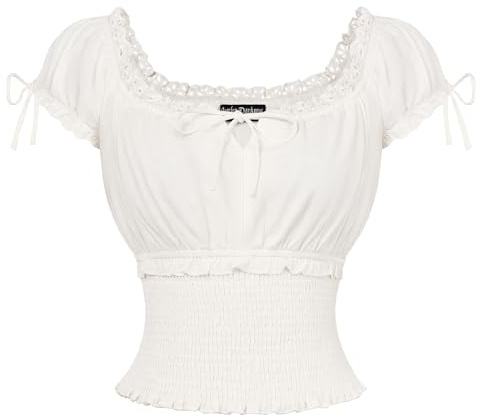 SCARLET DARKNESS - Top da donna rinascimentale a maniche corte, in pizzo, con allacciatura estiva, blusa con scollo quadrato e volant, vita svasata e corsetto, bianco, S