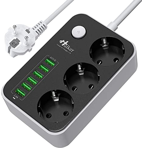 Hulker Multiprise Parasurtenseur USB, Multiprise 3 Prises Outlet + 6 Ports USB, Parafoudre,avec Protection Contre la Surtension, Cordon 1.6 Mètres Bloc Multiprise Multiprise avec Interrupteur