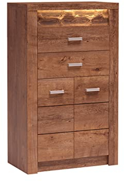 Mirjan24 Kommode Indiano I-06 mit 2 schubladen, Anrichte, Mehrzweckschrank, Highboard, Sideboard, Wohnzimmer Schrank (Esche Hell, mit warmweißer LED-Beleuchtung)
