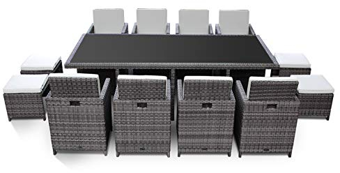 Ragnarök PolyRattan - DEUTSCHE Marke - EIGENE Produktion - Gartenmöbel Essgruppe Tisch 8 Stuhl 4 Hocker 20 Polster Grau Rostfrei Aluminium Doppelhabrund