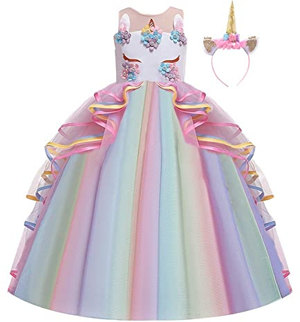 CinheyU Filles Déguisement Licorne Robe pour Noël Halloween Canaval Costume de Cérémonie Anniversaire Fête Soirée Princesse sans Manche Longue en Tulle Robes Bal + Bandeau Multicolore 8-9