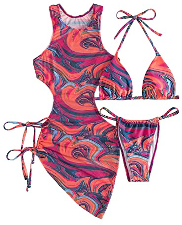 3 Pezzi Costumi da Bagno per Le Donne Imbottito Stampa Floreale Stringa Bikini Set Costume da Bagno Sexy Cutout Collo Alto Mesh Beach Cover Up, Rosso Rosato, S