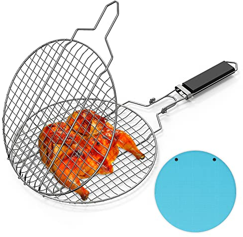 Linkidea Panier gril rond portable, panier gril à poisson en acier inoxydable avec poignée verrouillage de sécurité amovible, accessoires gril de légumes et de crevettes en plein air (Argent, Rond)