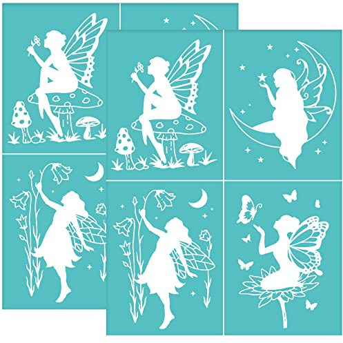 OLYCRAFT Plantilla de serigrafía autoadhesiva de hadas para impresión de setas plantilla de transferencia de malla de mariposa luna para pintar sobre tela de camiseta de madera - 28x22 cm