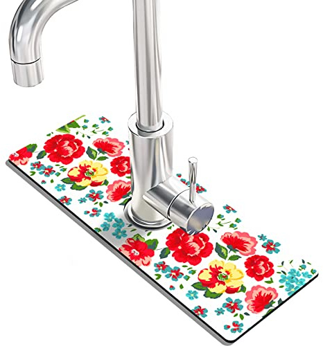 Kitchen Sink Splash Guard Faucet Mat Super Absorbent Fast Drying Mat Sink Gadgets Splash Guard Behind Faucet Drip Catcher for Kitchen (Beautiful Flower, 15x5.5in)