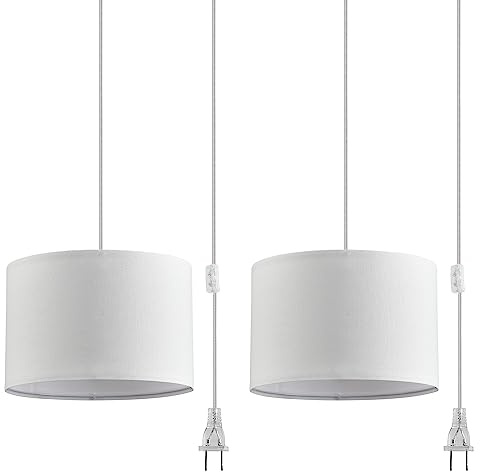IHENGYANLT 2 Pack Plug in Pendant Light, Hanging Light with 15Ft Clear Cord, On/Off Switch, White Fabric Lamp Shade, Hanging Light Fixture for Bedroom, Kitchen,