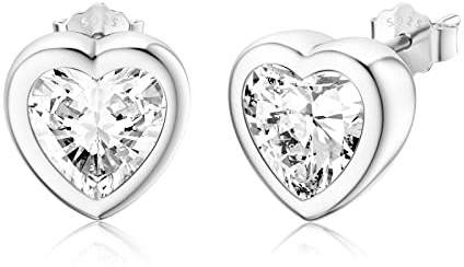 S925 Sterling Silver Heart Stud Earrings for Women Lightweight with Heart CZ Crystal Earrings
