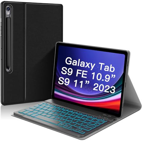 JUQITECH Backlit Keyboard Case for Samsung Galaxy Tab S9 11 Inch 2023 SM-X710/X716B/X718U, S9 11 Smart Tablet Multi-Angle Stand Folio Fold Cover Case with Wireless Bluetooth Keyboard with S Pen Holder