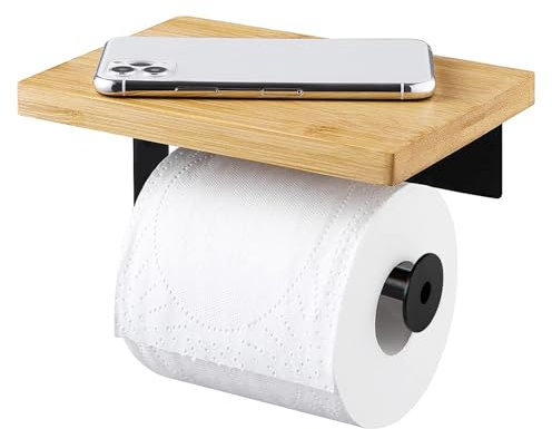 Porte Papier Toilette,Support Porte Papier Toilette avec Etagère en Bambou Plateau,Derouleur Papier Toilette Murale,Porte Rouleau Papier,Auto-adhésif Porte-Papier Toilette Salle de Bain sans Perçage