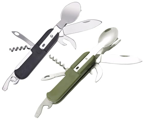 Anseom Lot de 2 couverts de camping 8 en 1 en acier inoxydable - Couverts pliants - Couverts de voyage portables pour la randonnée, le pique-nique, les voyages (noir + vert)