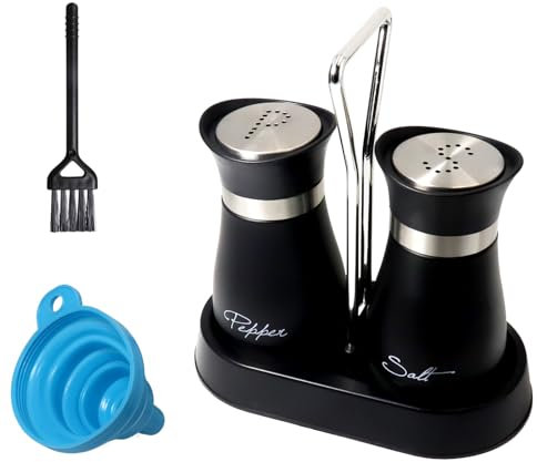 Salt and Pepper Shaker Set with Holder Spice Dispenser Refillable for Home Kitchen Stainless Steel Glass Black