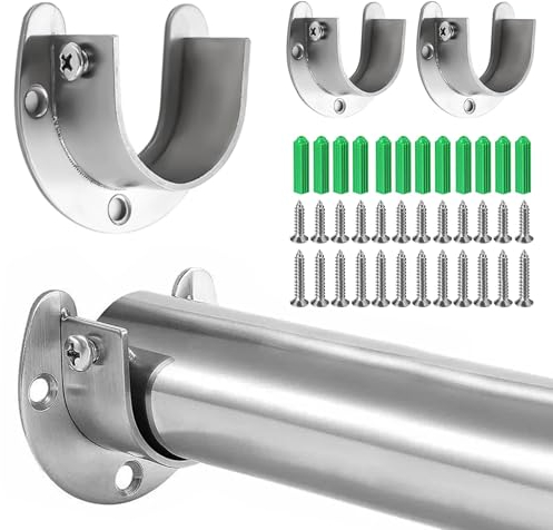 4 piezas Soporte de barra en forma de U, Soporte para Barra de Cortina, Soporte para Barra de Ropa, Soporte para Barra de Armario, Soportes Brida Barra, Para armarios, cocinas, ventanas(25mm,plateado)