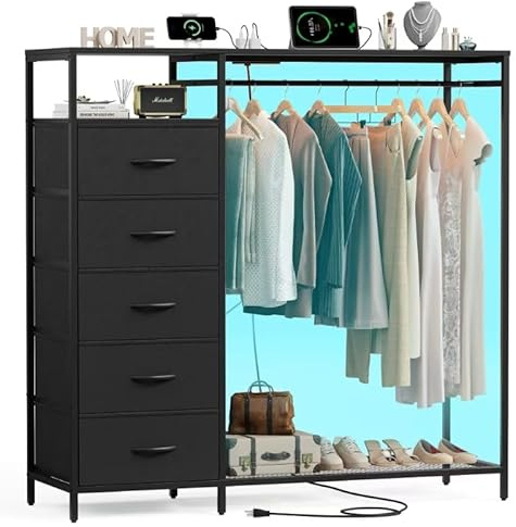 47 Inch Black Dresser with LED Lights & Hanging Rack, 5 Drawer Fabric Dresser with Charging Station and Shelves, Tall Closet Organizer for Bedroom Clothes Storage