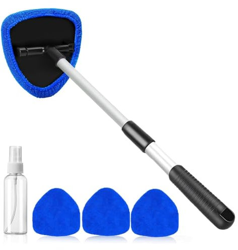 HUIBOHOU Windshield Cleaner, Car Windscreen Cleaning Tool Inside with 4 Reusable and Washable Microfiber Pads and Extendable Handle Auto Glass Wiper Kit (Blue)