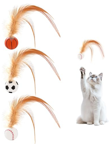 LUMOOM 3 palline giocattolo per gatti con piuma, giocattolo interattivo per gatti ad alta elasticità, per gatti domestici, palla giocattolo elastica interattiva