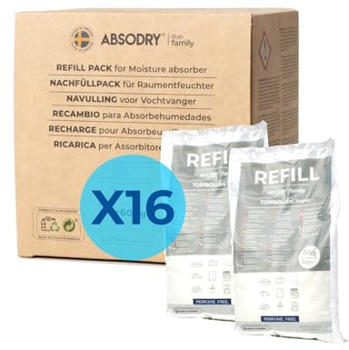 AbsoDry - Confezione di ricarica per deumidificatore, 16 x 600 g, compatibile con AbsoDry, previene gli odori e lega l'umidità, sacchetto essiccante con granuli per deumidificatore per ambienti