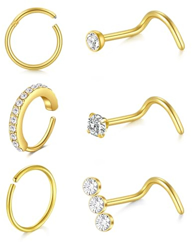 LAURITAMI 20 g guld silver nässtuds, 8/10 mm rostfritt stål gångjärn näsringar ringar L skruvformade dubbar med CZ piercing smycken set för kvinnor män, paket med 6 delar, Rostfritt stål