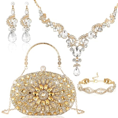 Quelay ​​​​4 Pcs Gold Purse Rhinestone Jewelry Set for Wedding Bridal Women Handbag with Necklace Bracelet Dangle Earrings