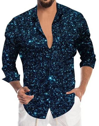 EQWIGKEIT Camisa con purpurina para hombre, con botones, camisa de negocios, camisa de manga larga, brillante, para Nochevieja, retro, informal, manga larga, para discoteca, fiesta, cosplay, carnaval