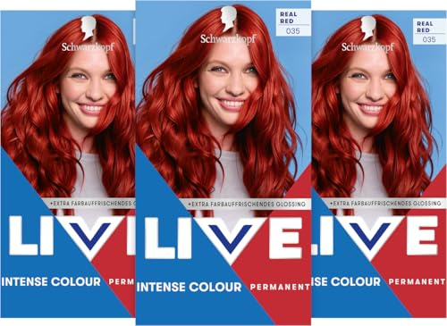 Schwarzkopf LIVE Intense Colour 035 Real Red (3x 165 ml), Haarfarbe mit farbauffrischendem Glossing, permanente Coloration für langanhaltend intensive Farbergebnisse