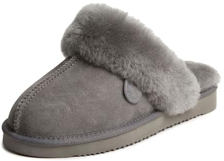 Dearfoams Women's Fireside Sydney Shearling Fur Indoor/Outdoor Scuff Slipper with Wide Widths, Grey, 6 UK