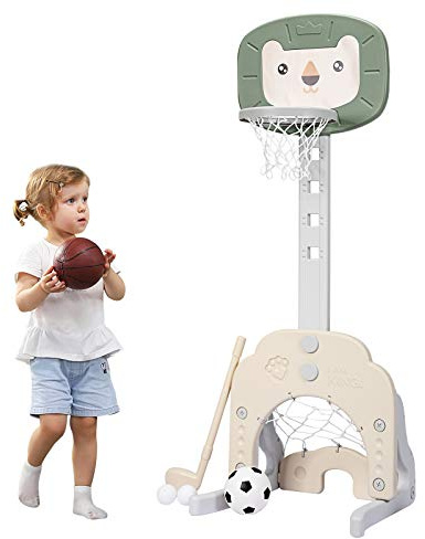 COSTWAY Ensemble de Basket 3-en-1, Hauteur Ajustables de 110cm à 149cm, Inclus Jeu de Basketball, Football et Golf, Vert, Jaune (Vert)