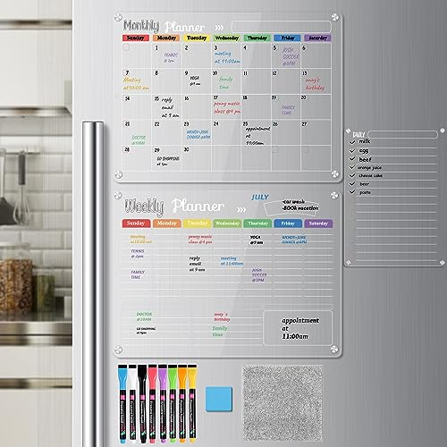 Hivillexun Ensemble de Tableaux Magnétiques en Acrylique (3-Pack) - Restez Organisé sur Votre Réfrigérateur, Mur, et Frigo avec Calendriers Mensuel, Hebdomadaire et Bloc-Notes Quotidien
