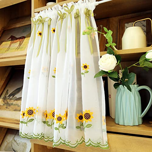 A.Monamour Tenda Corta per Finestra Piccola Tenda In Voile Bianco Trasparente Con Ricamo Girasoli Con Fiocchi Tendina Tenda da Cucina Bistrot Caffè Mezza Tenda Mantovana Tenda a Vetro Tenda Lavandino
