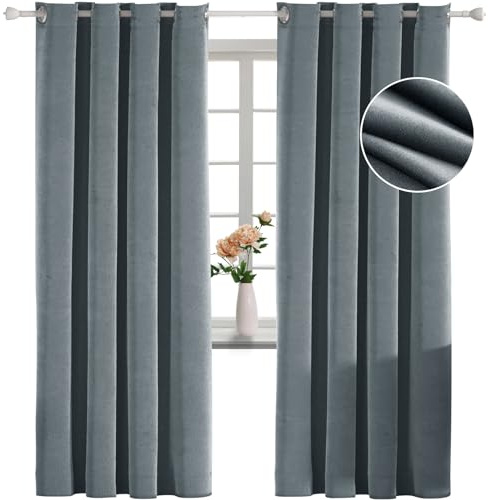 YSTELLAA Terciopelo Cortinas 100% Opacas 2 Piezas, 140×225cm, Cortinas Opacas con Ojales, Cortinas termicas aislantes Frio y Calor, Insonorizantes, Modernas, para Dormitorio, Gris
