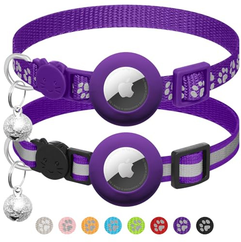 2 Pack Airtag Cat Collar Breakaway with Bell,Reflective Kitten Collar with Apple Airtag Cat Collar Holder,Adjustable 7-12In,Safety Buckle for Girl Boy Cats,Pet Supplies,Accessories,Gifts (Purple)