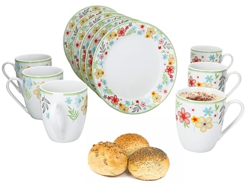MamboCat Variant Blümchen Service de petit-déjeuner 12 pièces I 6 petites assiettes et 6 tasses à café de 350 ml, hauteur 10,3 cm pour 6 personnes I Tasse, assiettes à gâteau I Vaisselle en porcelaine