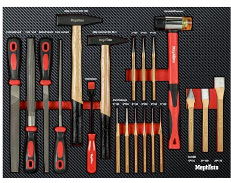 Mephisto Werkzeugeinlage Werkzeug Set Pro Line Werkstattwageneinlage Hammer- Set mit Hammer Meisel und Durchschlägen inkl. Soft Inlay in Carbonoptik