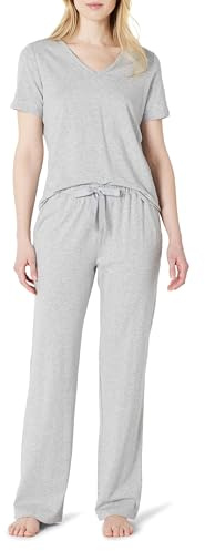 Amazon Essentials Women's Soft Cotton Blend Short Sleeve T-Shirt and Pant Sleepwear Set, Medium Grey Heather, Large
