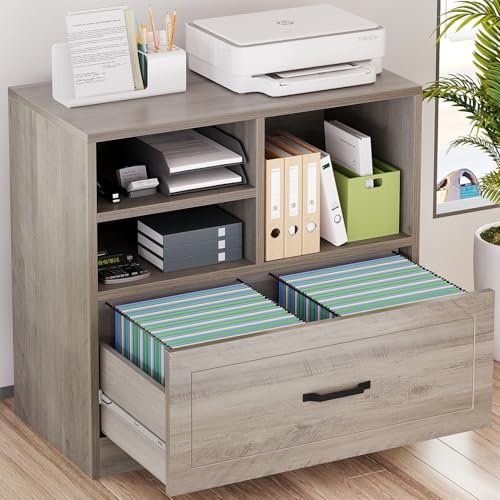LVB Lateral Wood File Cabinet with Drawer, Farmhouse Printer Filing Cabinet with Storage for Legal Letter A4, Wooden Printer Stand with Hanging File Organizer Shelves for Home Office, 83 CM, Greige