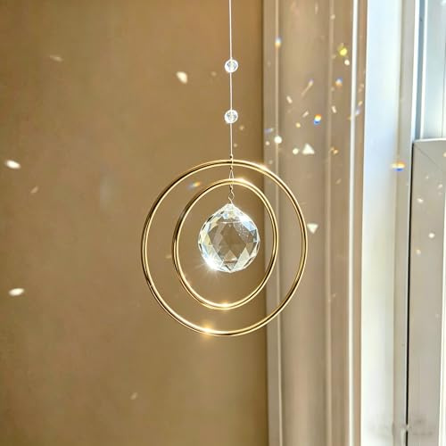 Attrape-Soleil en Cristal pour Fenêtres – Attrape-Soleil Arc-en-Ciel avec Prismes en Verre – Décoration Murale Suspendue pour des Jeux de Lumière Envoûtants avec 2 Cercles en Laiton (C)