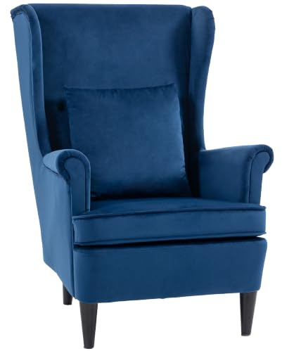 HOMCOM Modern Accent Chair Wingback Armchair High Backrest Blue | Upholstered, Pillow, Velvet-Feel Fabric, Solid Wood Legs, Living Room, Bedroom, Home Office