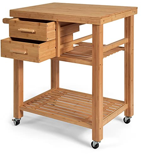 TANGZON Bamboo Kitchen Island Cart, 3-Tier Rolling Storage Trolley with Countertop, 2 Drawers, Open Shelf, Side Handle & Wheels, Utility Serving Cart for Dining Living Room Restaurant