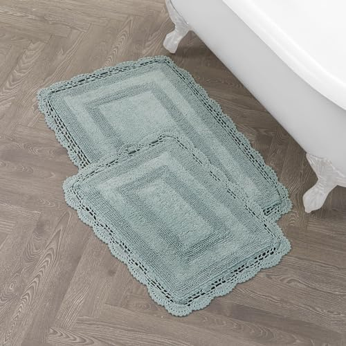 Laura Ashley Absorbent Bath Mat Reversible Crochet Soft and Plush Bathroom Mat 100% Cotton 2-Piece Bath Rug Set, Aqua Blue